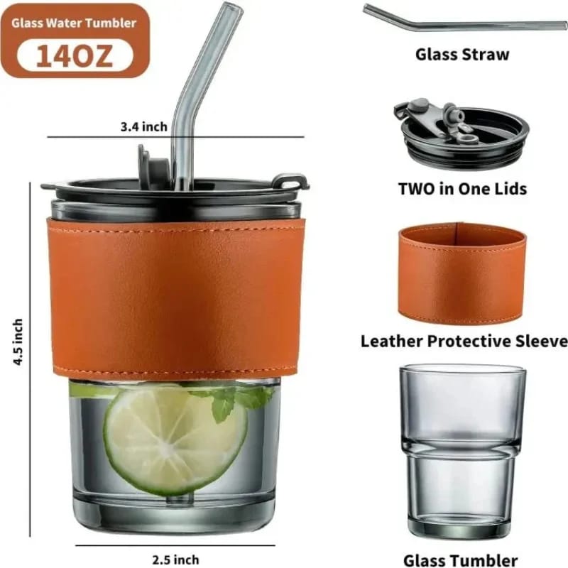 Bamboo Joint Glass Tumbler – 13oz Can-Shaped Cup with Leather Sleeve