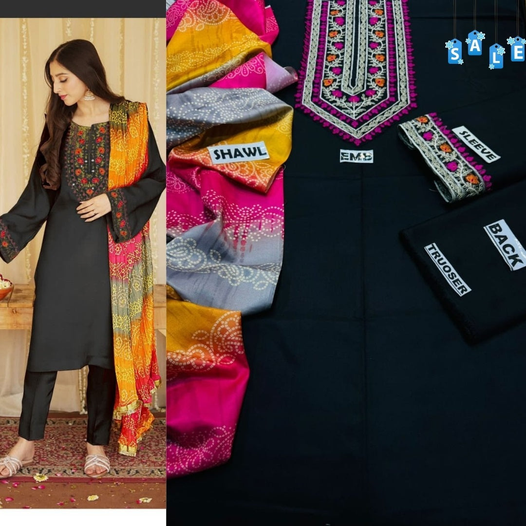 Binq Official – Midnight Black Luxury Embroidered 3-Piece Summer Suit with Chunri Dupatta