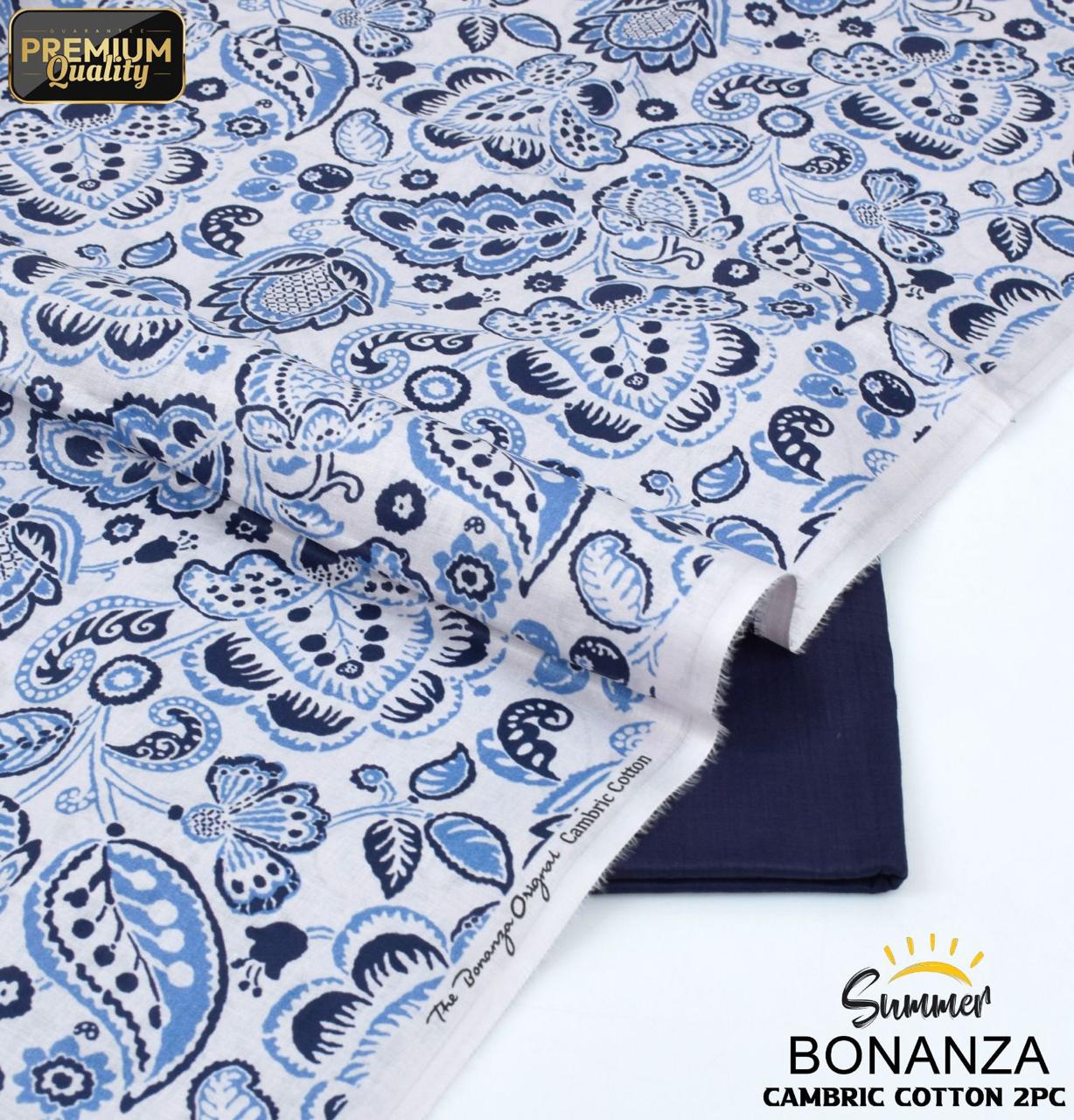 Bonanza Summer Collection – Blue Indigo Floral 2-Piece Printed Unstitched Cambric Cotton Suit