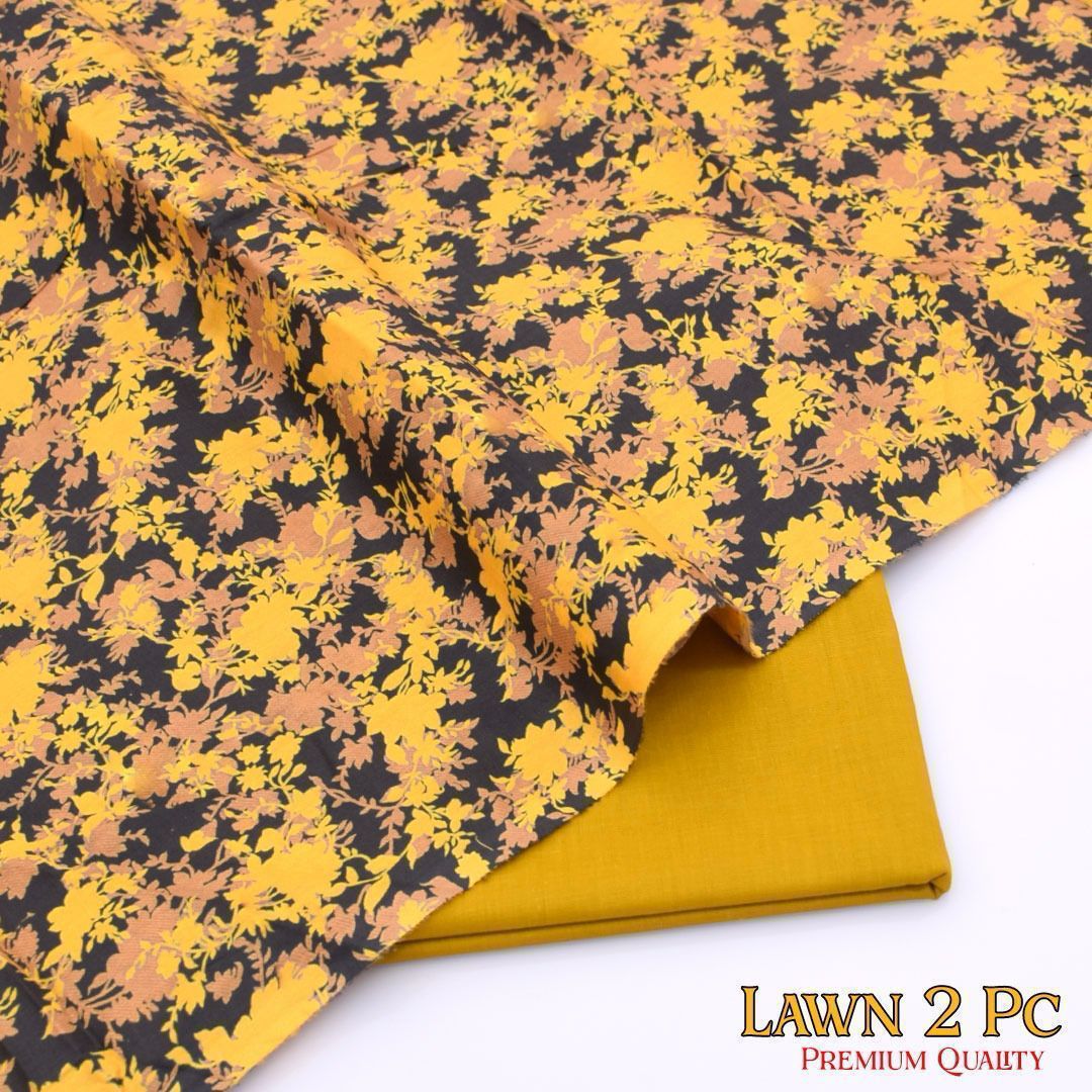 BinQ Official – Mustard Gold Floral 2-Piece Digital Printed Lawn Suit