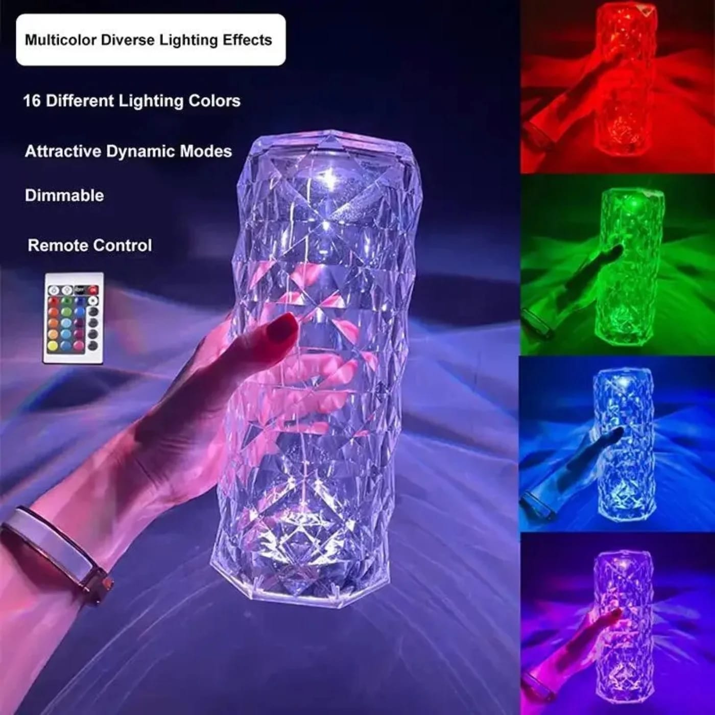 Diamond Rose Crystal Touch Lamp – 16 Colors & Remote Control