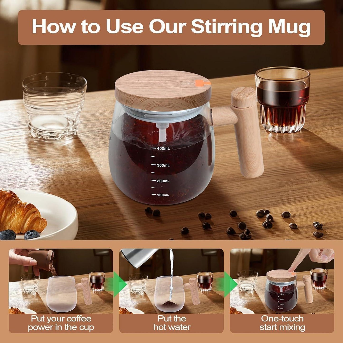Wooden Style Self-Stirring Mug – Automatic Electric Mixing Cup