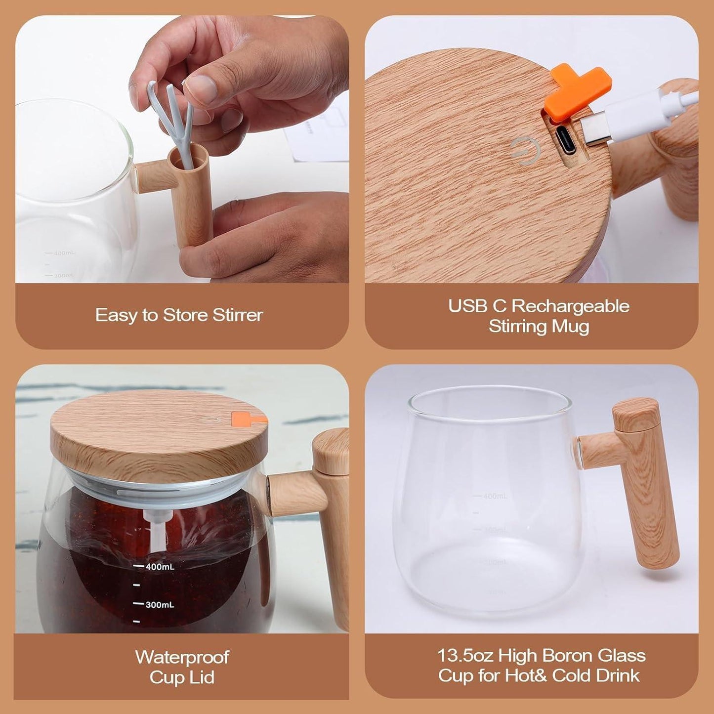 Wooden Style Self-Stirring Mug – Automatic Electric Mixing Cup