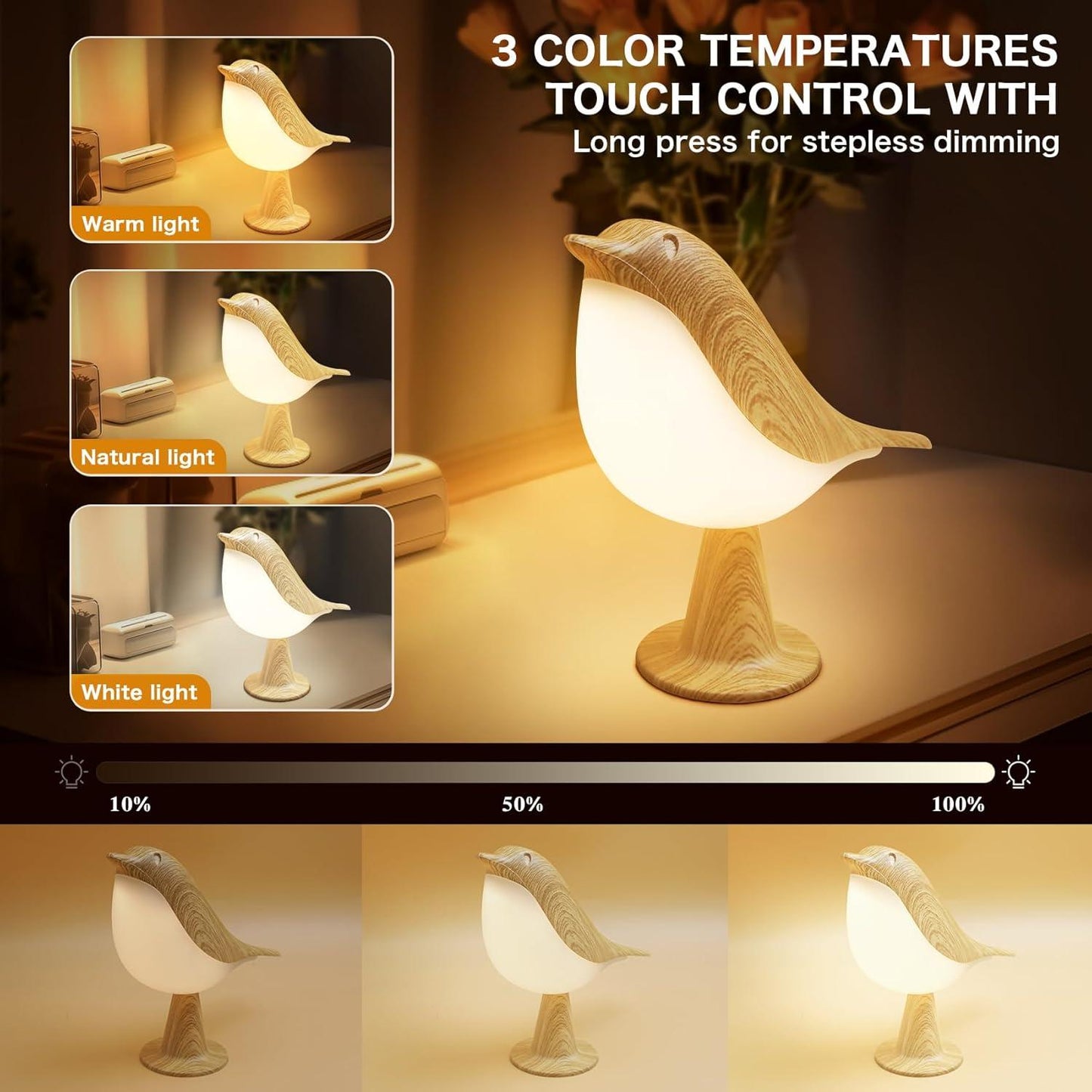 Bird Cordless Table Lamp – 3-Color Touch Dimmer