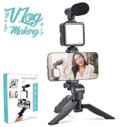 AY-49 Video Making Kit | All-in-One Vlogging Tripod with Wireless Remote, Microphone, LED Light & Mobile Holder Smart Video Making Kit