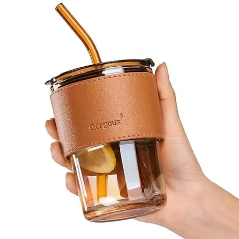 Bamboo Joint Glass Tumbler – 13oz Can-Shaped Cup with Leather Sleeve