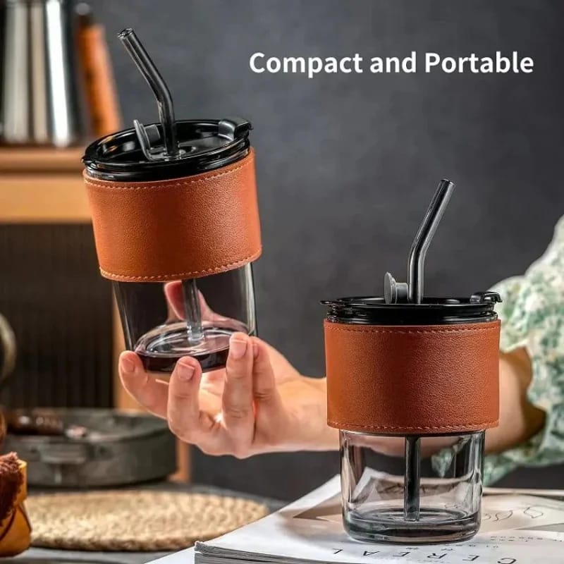 Bamboo Joint Glass Tumbler – 13oz Can-Shaped Cup with Leather Sleeve