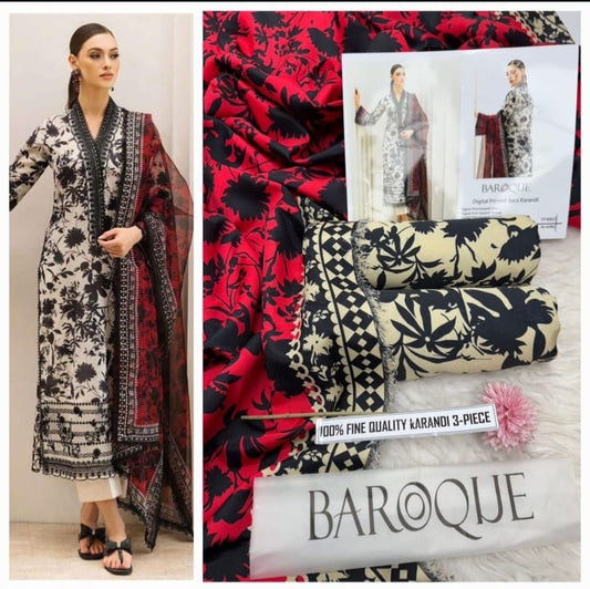 Baroque Printed Karandi – Monochrome 3PC