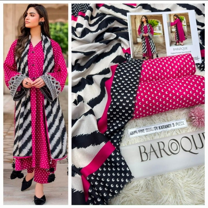 Baroque Magenta & Zebra Print Karandi – 3PC