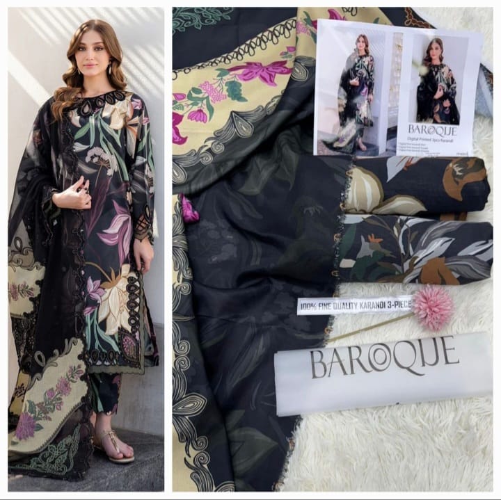 Baroque Printed Karandi – Monochrome 3PC