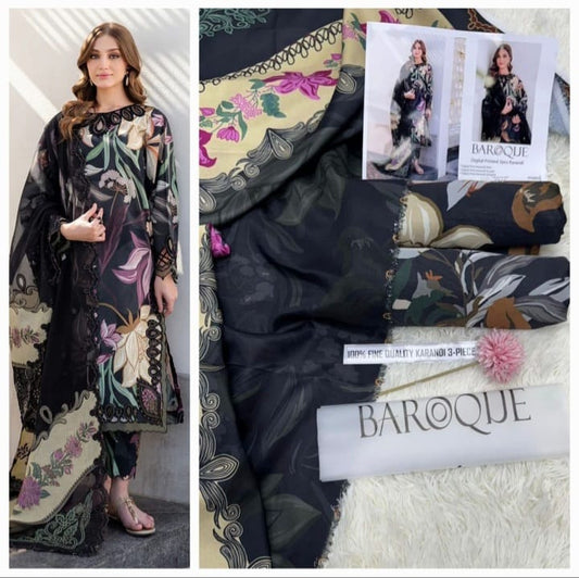 Baroque Printed Karandi – Monochrome 3PC
