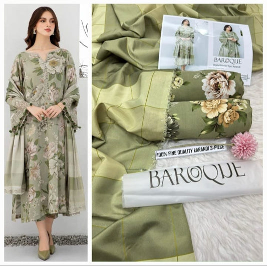 Baroque Sage Green Floral Karandi – 3PC