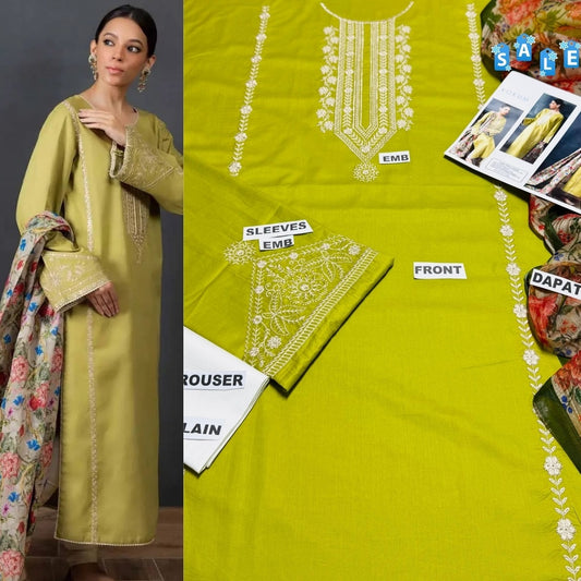 BINQ Official – Anaiza Urge Embroidered Luxury 3-Piece Cambric Cotton Suit (Lime Green)