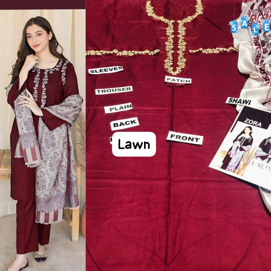 Binq Official – Zora Maroon Luxury Embroidered 3-Piece Summer Suit