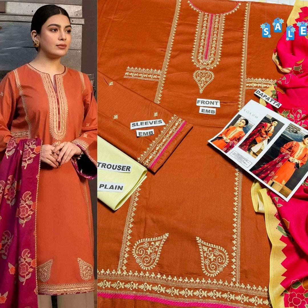 Binq Official – Rust Orange Luxury Embroidered 3-Piece Summer Suit