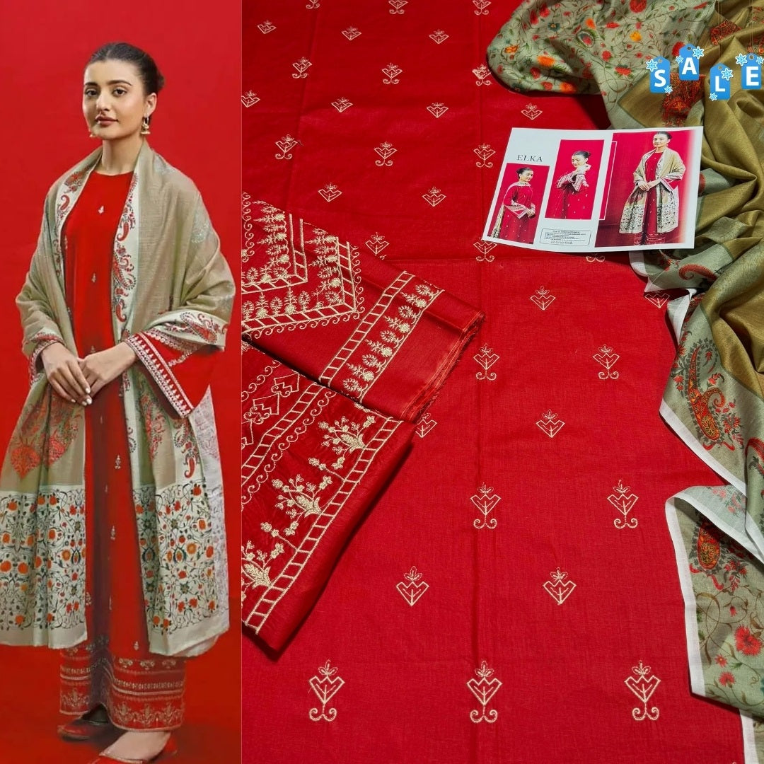 Binq Official – Elka Festive Red Luxury Embroidered 3-Piece Summer Suit