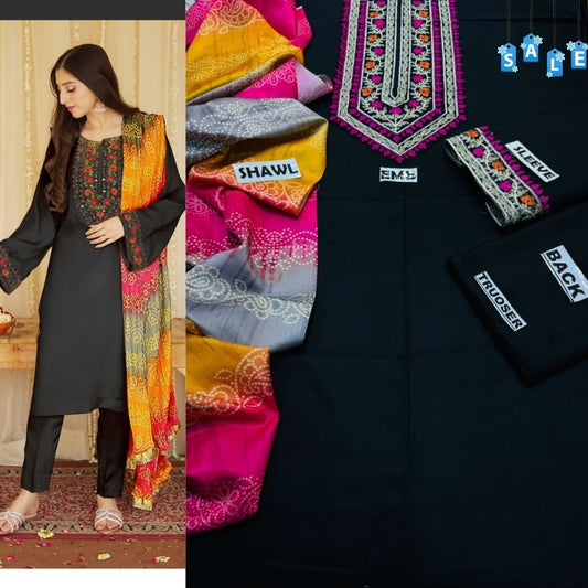 Binq Official – Midnight Black Luxury Embroidered 3-Piece Summer Suit with Chunri Dupatta
