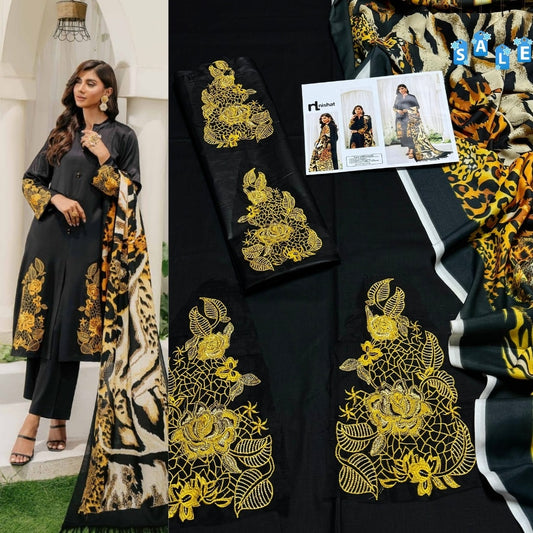 Binq Official – Nishat Luxury Gold Embroidered 3-Piece Summer Suit with Animal Print Dupatta