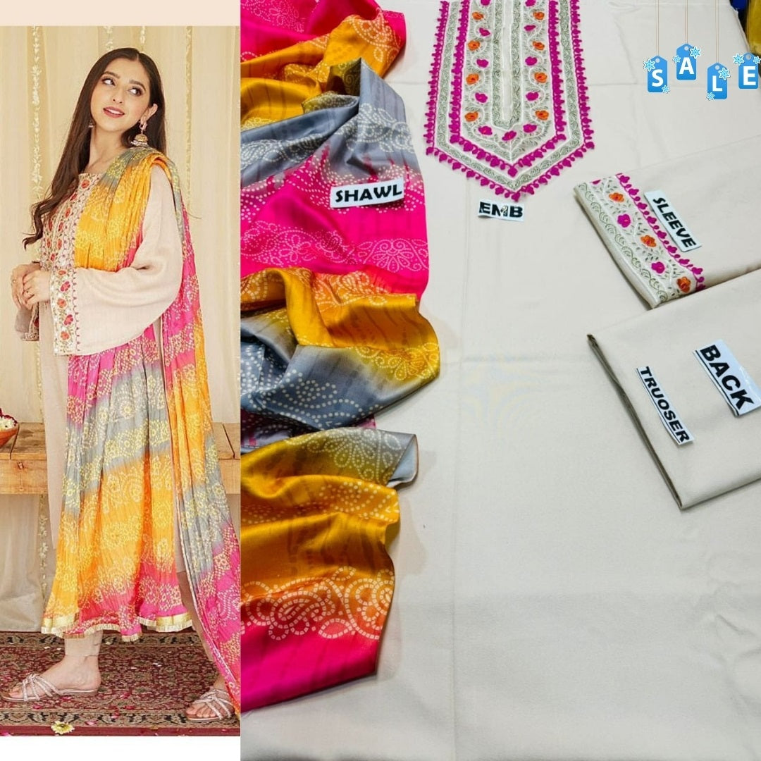 Binq Official – Ivory Grace Luxury Embroidered 3-Piece Summer Suit with Chunri Dupatta
