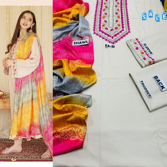 Binq Official – Ivory Grace Luxury Embroidered 3-Piece Summer Suit with Chunri Dupatta