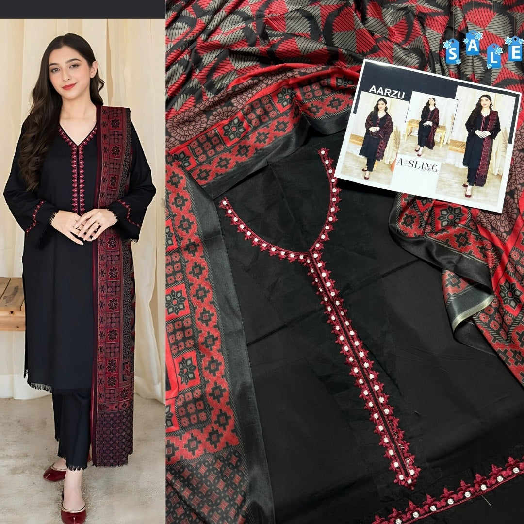Binq Official – Aarzu Jet Black Luxury Embroidered 3-Piece Summer Suit