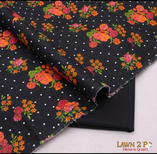 BinQ Official – Black Floral & Polka Dot 2-Piece Digital Printed Lawn Suit