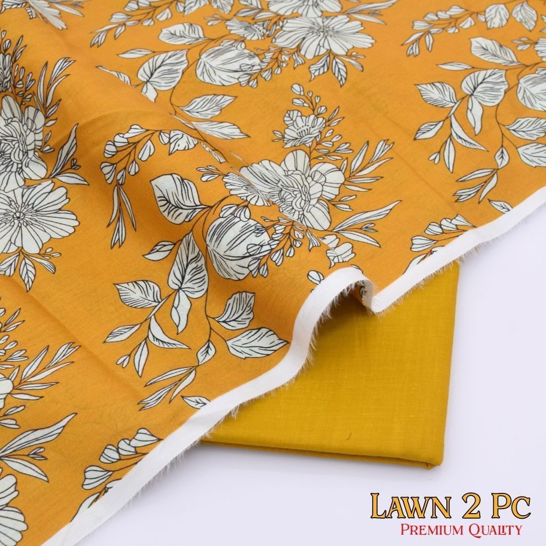 BinQ Official – Mustard Yellow Sketch Floral 2-Piece Digital Printed Lawn Suit