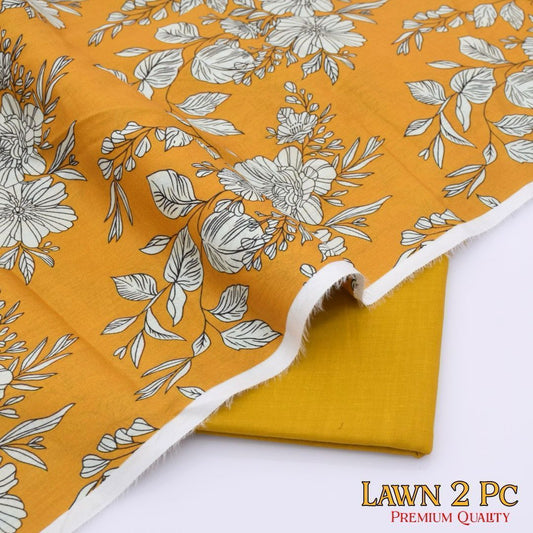 BinQ Official – Mustard Yellow Sketch Floral 2-Piece Digital Printed Lawn Suit