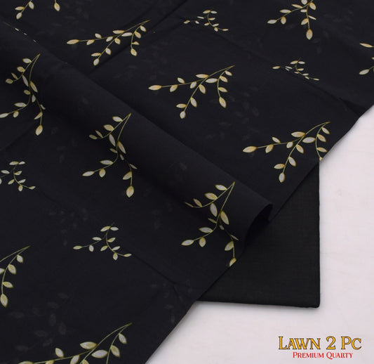 BinQ Official – Elegant Black Leafy 2-Piece Digital Printed Lawn Suit