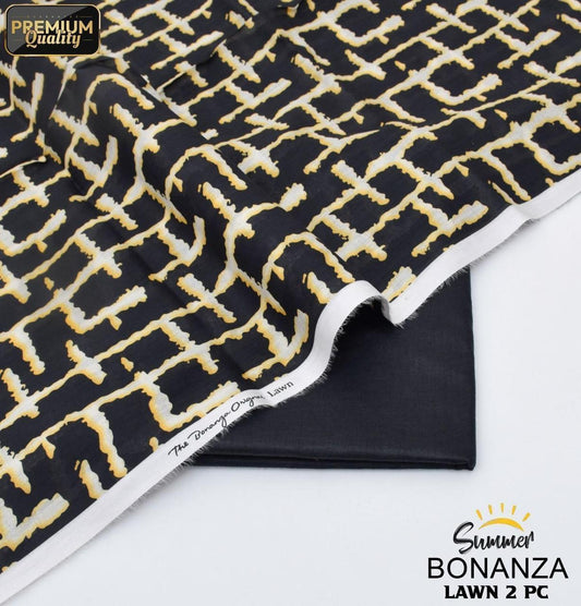 Bonanza Original – Black & Mustard Geometric Grid 2-Piece Digital Printed Lawn Suit