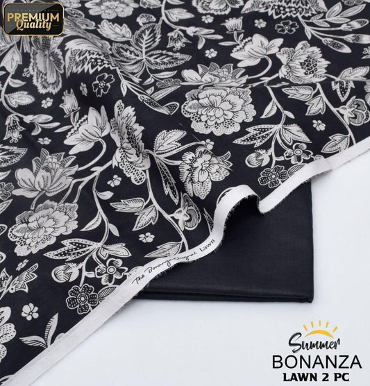 BinQ Official – Midnight Black Vintage Floral 2-Piece Digital Printed Lawn Suit