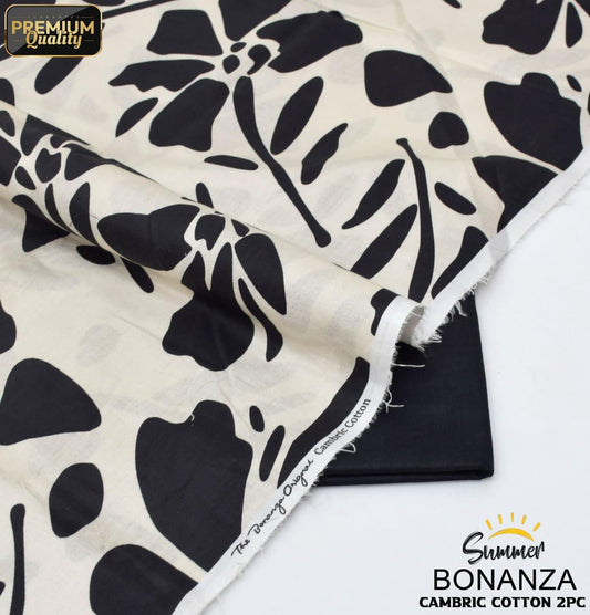 Binq Official – Bonanza Satrangi Monochrome Cream Bold Floral 2-Piece Summer Cambric Suit
