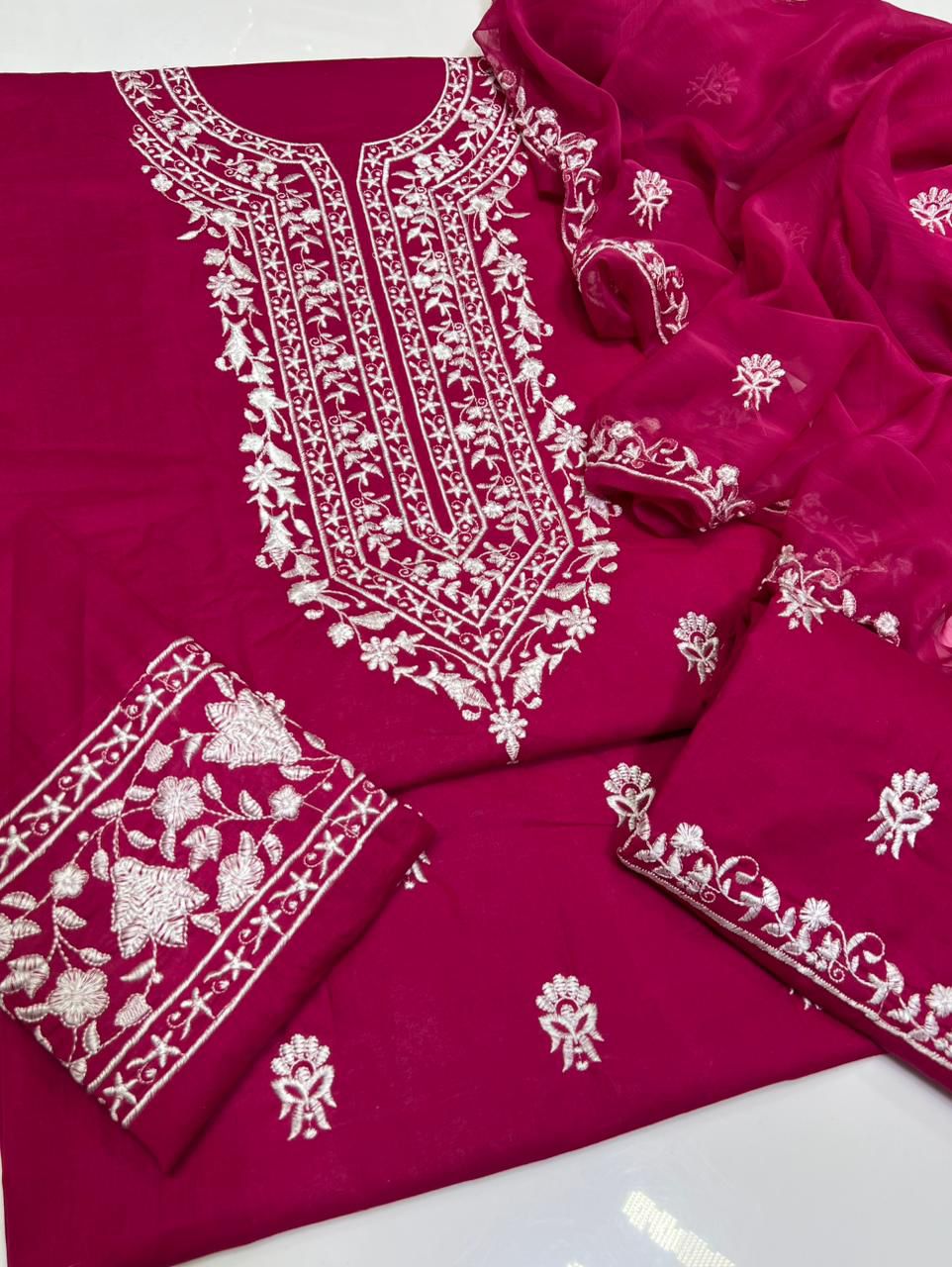 Vibrant Magenta Pink Embroidered Lawn Cotton 3-Piece – Shaista Lodhi Style