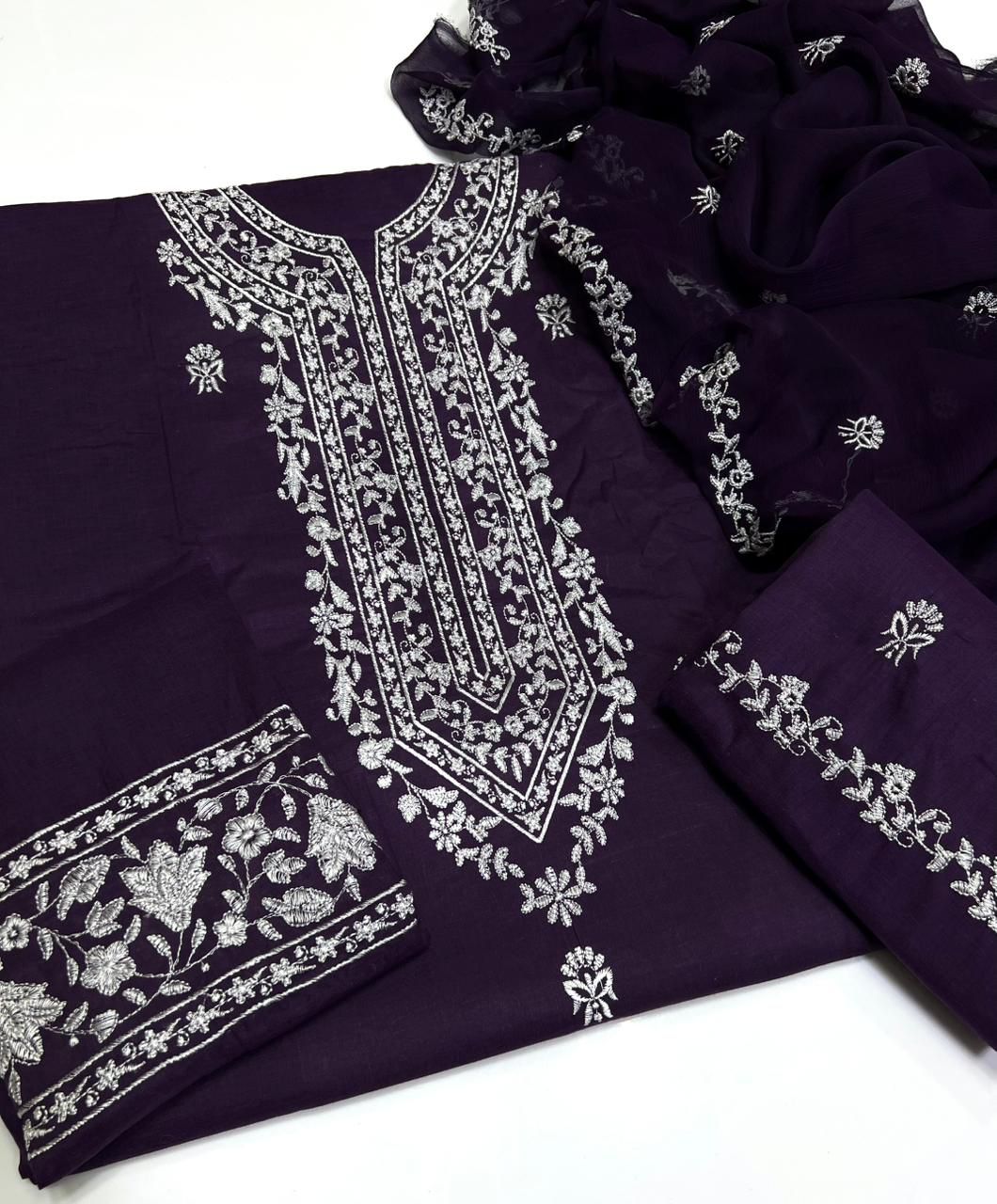Shaista Lodhi Style Deep Purple Embroidered Lawn 3-Piece Suit