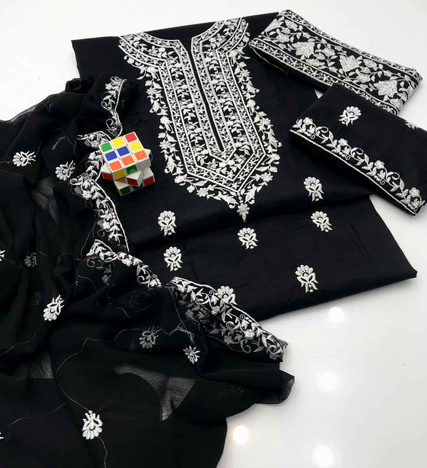 Classic Jet Black Luxury Embroidered Lawn 3-Piece Suit