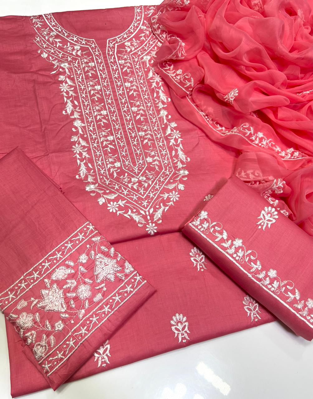Beautiful Peach Coral Embroidered Lawn 3-Piece Luxury Suit