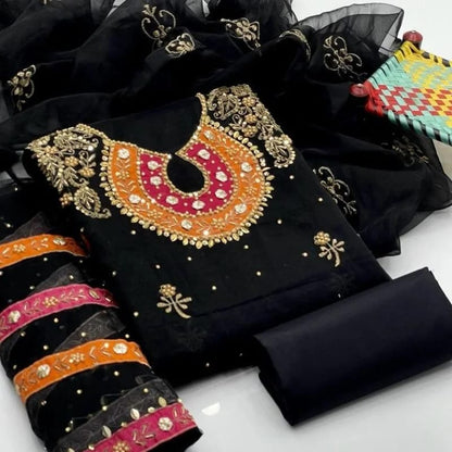 Luxury Organza 3-Piece Unstitched Suit – Handmade Aari & Zari Work